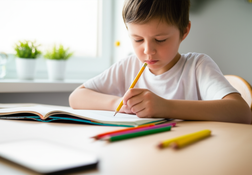 Child focused on studies without distractions
